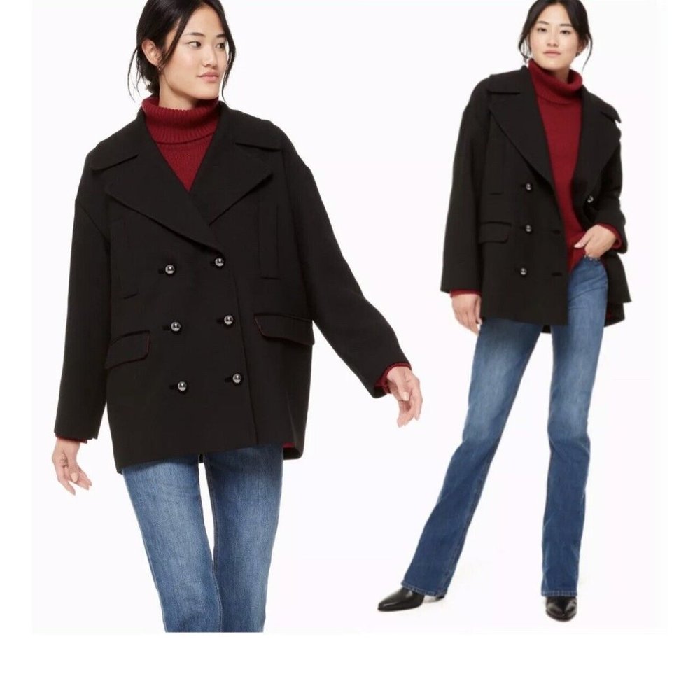Kate Spade  Velvet Coat Modern Oversize Peacoat Wool Blend Sz XS/S/M Black